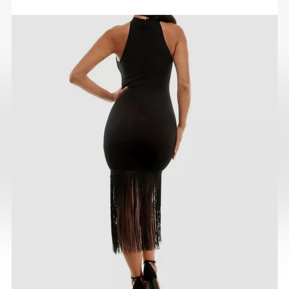 bebe Black Halter Midi Dress with Fringe - Picture 3 of 8